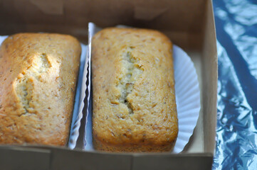 banana cake or banana bread or almond bread , loaf of bread