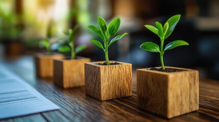 Seedlings sprout in wooden pots, lined up on a wood surface, sunlight