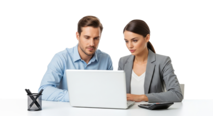 Two colleagues working on a laptop transparent background cutout png