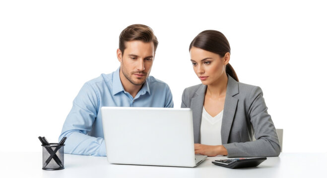 Two colleagues working on a laptop transparent background cutout png