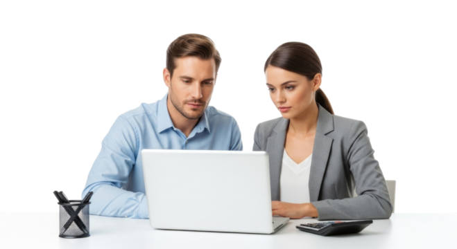 Two colleagues working on a laptop transparent background cutout png
