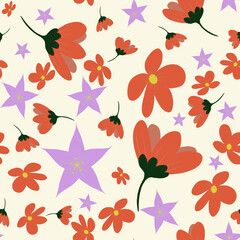 Seamless pattern with flowers, Isolated hand-drawn illustration for textile or wallpaper.