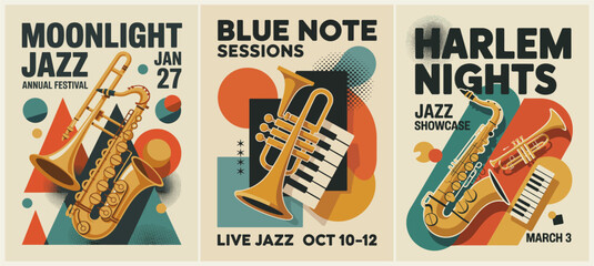 Set of three vintage jazz music posters with golden saxophones, trumpet, piano keys, geometric retro backgrounds, bold typography, and Art Deco style, perfect for music events