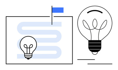 Light bulbs signify creative ideas and innovation, complemented by a marked path and flag. Ideal for creativity, planning, success, problem-solving, design thinking, strategy achieving goals. Simple
