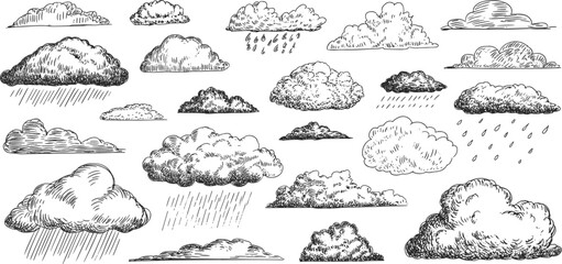 Black and white hand drawn cloud illustration set with vintage sky weather collection fluffy rain storm atmospheric doodle sketch design