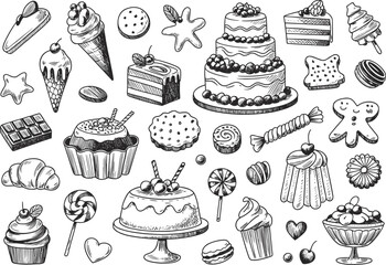 Black and white hand drawn dessert illustration set with cakes cupcakes ice cream cookies candy chocolate pastry sweet food elements