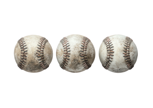 Three worn baseballs lined up on black