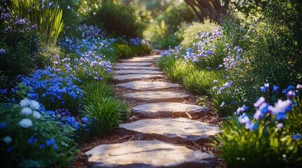 Stone path winds through a garden filled with blue flowers and lush greenery