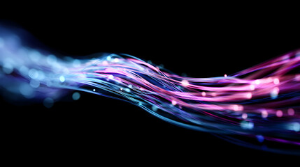 Abstract Flow of Light and Energy: An ethereal stream of vibrant, glowing lines cascades gracefully against a black backdrop, embodying the concepts of data flow, connectivity.