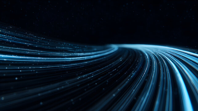 Abstract Blue Stream: A vibrant, flowing stream of blue light cascades across a dark space, evoking a sense of speed, technological innovation, and data visualization. 