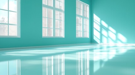 Obraz premium Turquoise room, sunlit floor, three windows