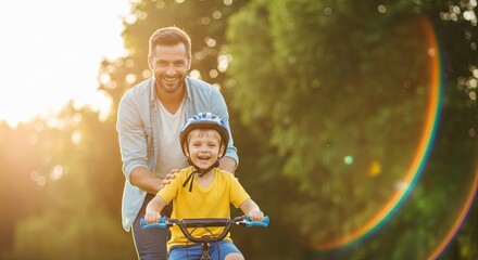 Father teaching his son to ride a bicycle outdoors.
