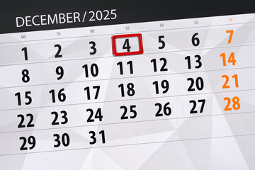 Calendar 2025, deadline, day, month, page, organizer, date, December, thursday, number 4
