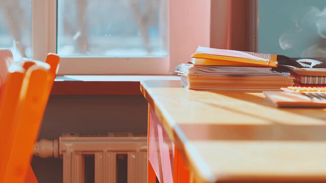 A sunlit wooden desk with a stack of notebooks and an orange chair next to a bright window.