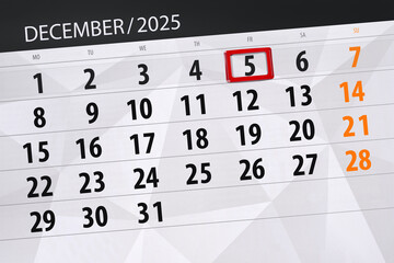 Calendar 2025, deadline, day, month, page, organizer, date, December, friday, number 5