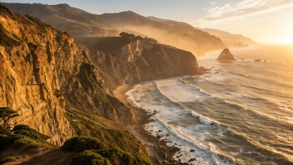 Coastal california landscape photography of cliffs and ocean at sunset light
