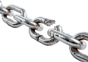 Broken chain link, silver metal, isolated on black