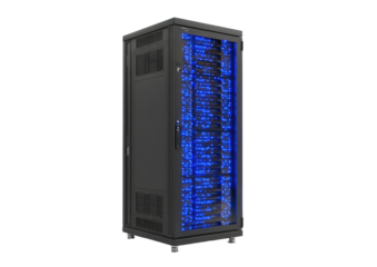 Server rack illuminated with internal blue lights