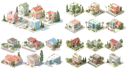 Charming suburban house illustrations featuring modern homes, greenery, gardens, and peaceful neighborhood scenes. Soft pastel architecture with cozy residential atmosphere.