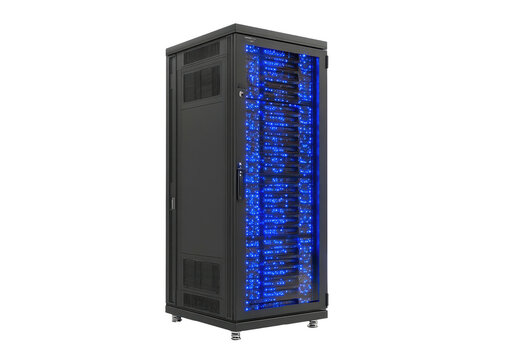 Server rack illuminated with internal blue lights