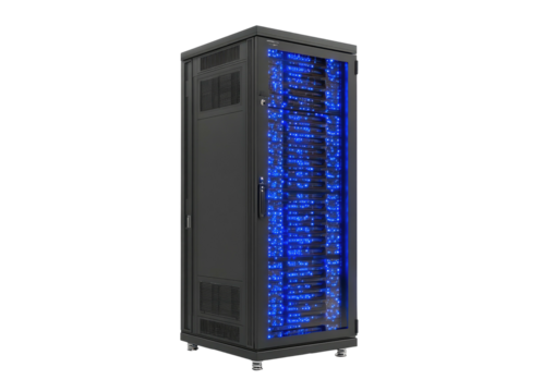Server rack illuminated with internal blue lights