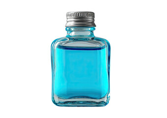 Small, square bottle filled with bright blue liquid