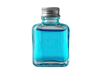 Small, square bottle filled with bright blue liquid