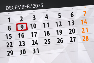 Calendar 2025, deadline, day, month, page, organizer, date, December, tuesday, number 9