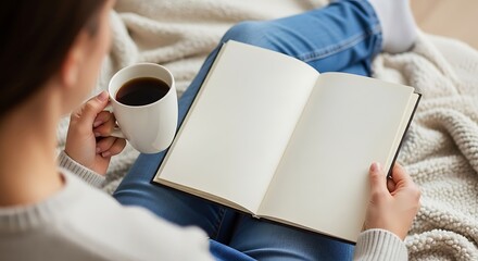 Obraz premium A person relaxing with a warm cup of coffee and an open blank notebook on a cozy blanket, perfect for journaling or studying