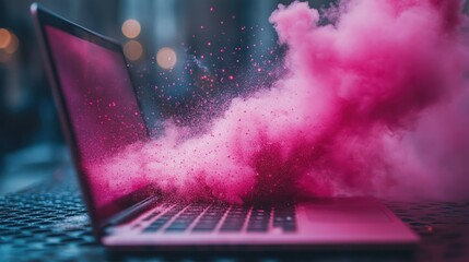 Laptop engulfed in pink smoke