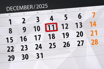 Calendar 2025, deadline, day, month, page, organizer, date, December, thursday, number 11