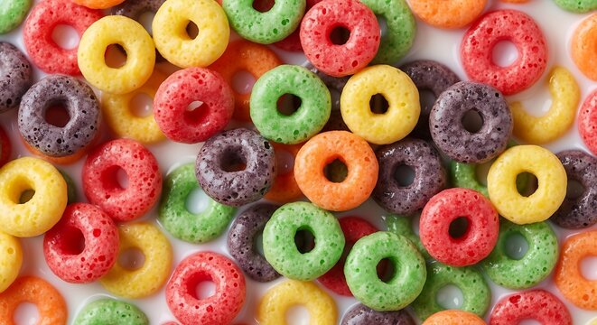 Colorful ring cereal floating in milk, a vibrant and playful breakfast choice for children and adults, offering a burst of fruity flavor and a fun morning start. - Powered by Adobe