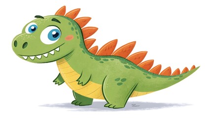 Naklejka premium Cute friendly green cartoon dinosaur with orange spikes creature