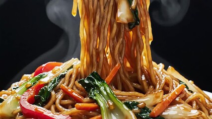 Chopsticks lifting steaming hot Asian stir fry noodles with vegetables.