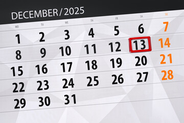 Calendar 2025, deadline, day, month, page, organizer, date, December, saturday, number 13