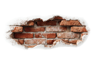 Damaged brick wall visible through a broken plaster patch