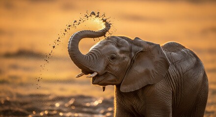 Powerful Portrait of Wild Baby Elephant Splashing Dirt Against Warm Backlit Sunset