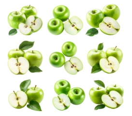 Set of green apples, one sliced in half, with a green leaf isolated on white transparent background