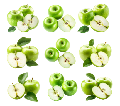 Set of green apples, one sliced in half, with a green leaf isolated on white transparent background