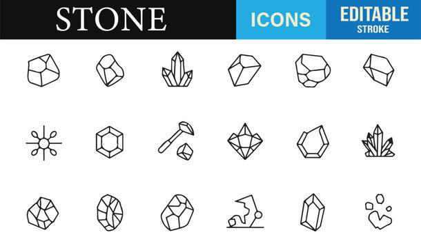 Stone and crystal icon pack featuring rough rocks, precious gems, and faceted mineral graphics