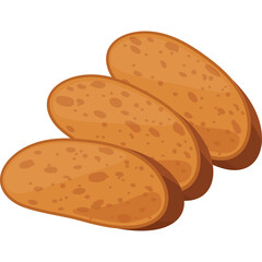 Three golden brown oval shaped slices of toast on a transparent background with a subtle shadow