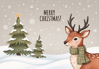 Watercolor Merry Christmas Deer