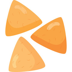Three golden orange triangular nachos with a textured surface and subtle highlights on a transparent background