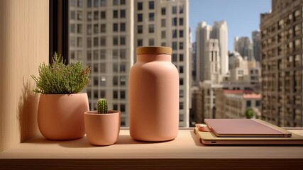 Still life featuring a pink water bottle, two potted plants, and a tablet on a wooden surface, set against a blurred cityscape backdrop. - Powered by Adobe