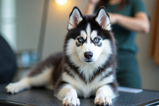 Siberian Husky puppy lying on grooming table indoors with attentive look