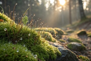 Dew drops on moss in forest morning light nature photography background
