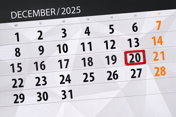 Calendar 2025, deadline, day, month, page, organizer, date, December, saturday, number 20