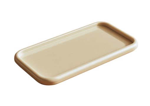 Tan rectangular tray, smooth surface, rounded corners