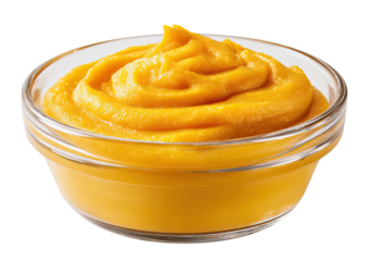 Smooth orange pur?e in clear glass bowl, isolated