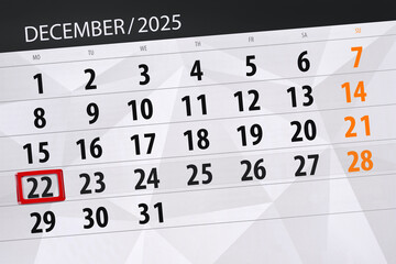 Calendar 2025, deadline, day, month, page, organizer, date, December, monday, number 22